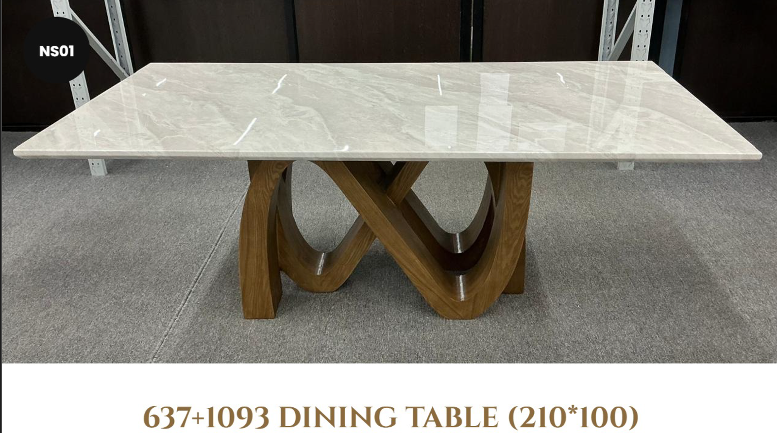 Marble top dining table with curved wood pedestal base